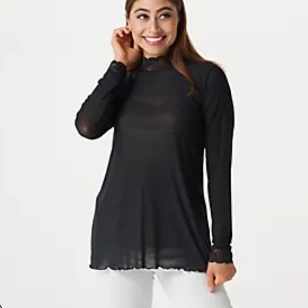 LOGO Layers by Lori Goldstein Black Sheer Mesh Mock Neck Top with Lace Trim-XS